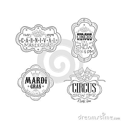 Vector set of black and white emblems for circus and Mardi Gras carnival. Hand drawn logos with masks, crown and text in Vector Illustration