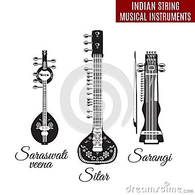 Vector set of black and white indian string musical instruments, flat style. Vector Illustration