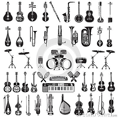 Vector set of black and white musical instruments , flat style Vector Illustration