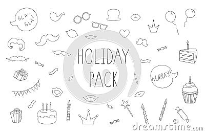 Vector set of black and white photo booth props, cakes, candles, balloons Vector Illustration