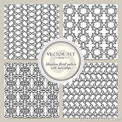 Vector set of black and white seamless floral pattern with snowdrops Vector Illustration