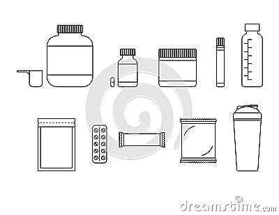 Vector set of black-white sports nutrition icons isolated from the background. Stock Photo