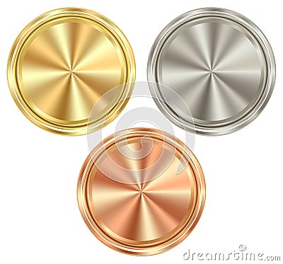 Vector set of blank round coins of gold, silver, bronze, which c Vector Illustration