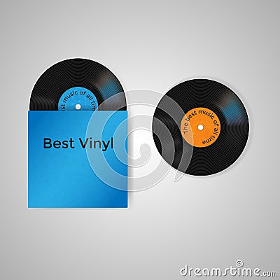 Vector set of blue vinyl cover and two vinyl records with blue and orange label Stock Photo