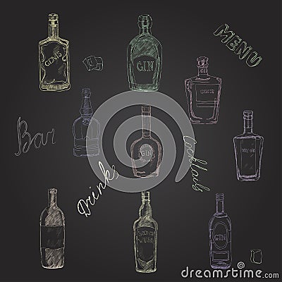 Vector set of bottles with alcohol, seamless pattern. Vector Illustration