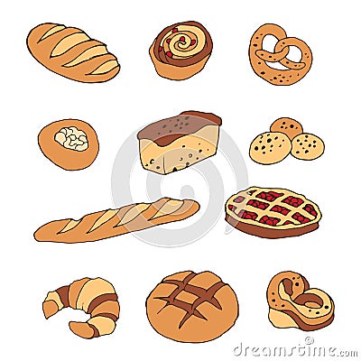 Vector set of bread and bakery products. Vector Illustration