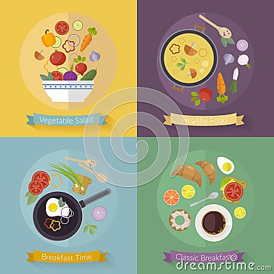 Vector set breakfast time and vegetables with flat icons. Fresh food and drinks in flat style. Vector Illustration