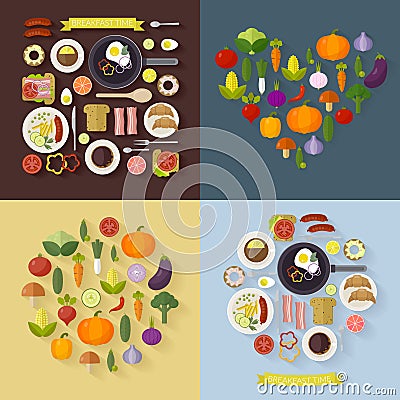 Vector set breakfast time and vegetables with flat icons. Fresh food and drinks in flat style. Vector Illustration