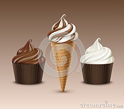 Vector set of Brown Chocolate White Classic Soft Serve Ice Cream Waffle Cone and Brown Carton Cup Close up Isolated on Vector Illustration