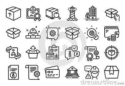 Vector set of Builder warning, Certificate and Lighthouse line icons set. Vector Vector Illustration