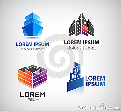 Vector set of building, houses, city, town logos, icons isolated Vector Illustration