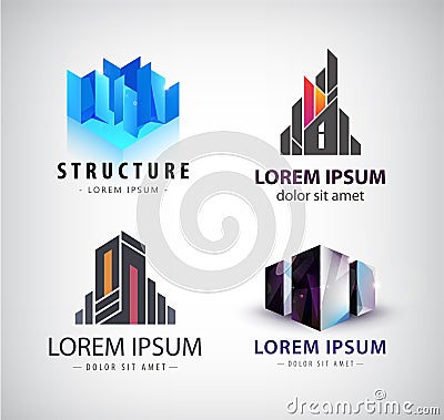 Vector set of building logos. 3d structure, house, office Vector Illustration