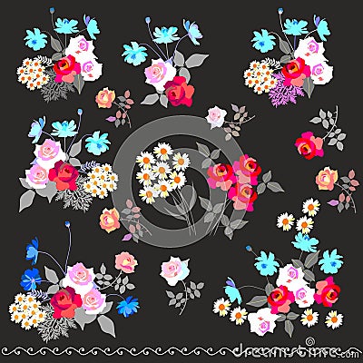 Vector set of bunches of garden flowers, isolated on black background. Design elements Vector Illustration