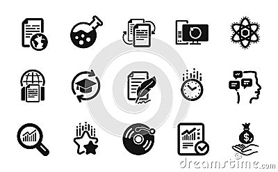 Vector set of Bureaucracy, Chemistry lab and Checked calculation icons simple set. Vector Vector Illustration