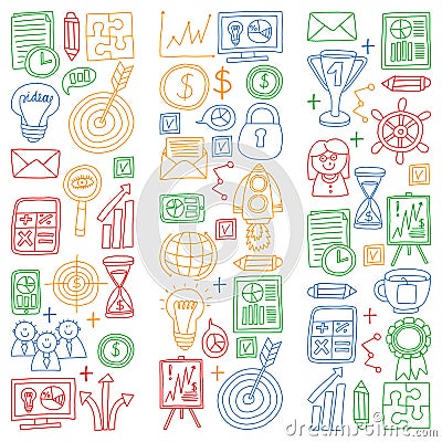 Vector set of bussines icons in doodle style. colorful pictures on a piece of paper on white background. Vector Illustration