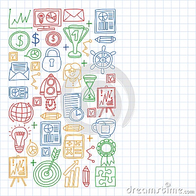 Vector set of bussines icons in doodle style. colorful on a piece of paper in cage Stock Photo