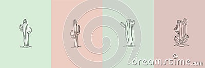 Vector set of cactus illustrations in minimal linear style, hand drawn cacti in pots Vector Illustration