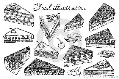 Vector set of cake pieces, food, cheesecake. Vector illustration of sweets in sketch style. Hand drawn elements isolated from the Vector Illustration