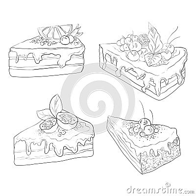 Vector set of cakes. Collection of black and white stylized desserts with fruit and cream. Sweet confectionery baking Vector Illustration
