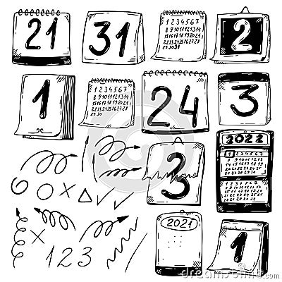 Vector set of calendars with torn off sheets. Doodle style wall calendars for stickers. Vector Illustration