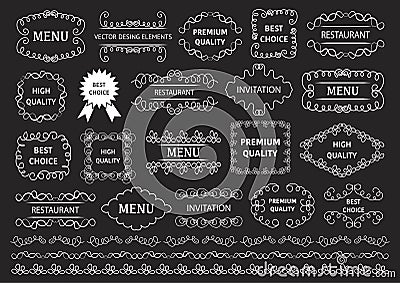 Vector set: calligraphic design elements and page decoration. Decorative swirls or scrolls, vintage frames , flourishes, labels Vector Illustration