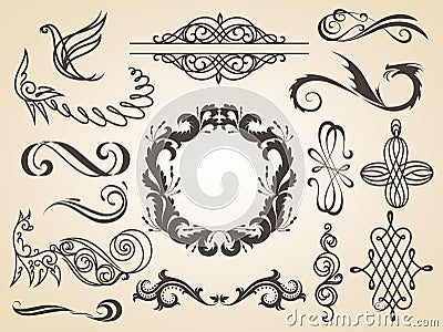 Vector set of calligraphic design elements page decoration, Satisfaction Guarantee Label, calligraphic frames. Vector Illustration