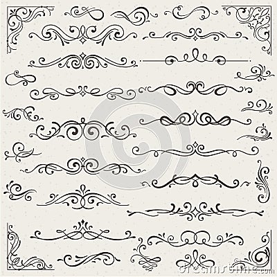 Vector set of calligraphic design elements and page decorations. Elegant collection of hand drawn swirls and curls for Vector Illustration