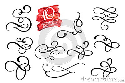 Vector set of calligraphic design flourish elements and page decorations. Elegant collection of hand drawn swirls and Vector Illustration