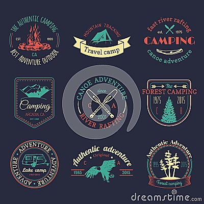 Vector set of camping logos. Tourism emblems or badges. Signs collection of outdoor adventures with Indian elements. Vector Illustration