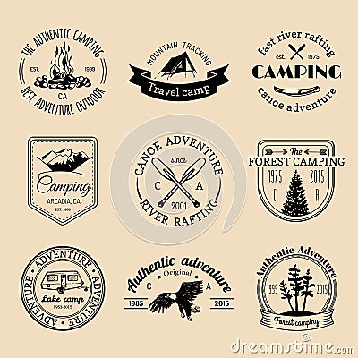 Vector set of camping logos. Tourism emblems or badges. Signs collection of outdoor adventures with Indian elements. Vector Illustration