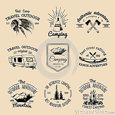 Vector set of camping logos. Tourism emblems or badges. Signs collection of outdoor adventures with Indian elements. Vector Illustration