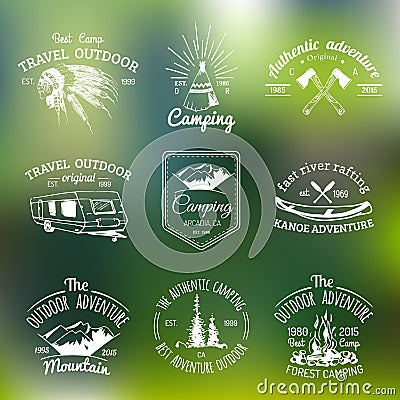 Vector set of camping logos. Tourism emblems or badges. Signs collection of outdoor adventures with Indian elements. Vector Illustration