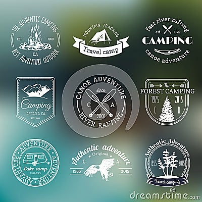 Vector set of camping logos. Tourism emblems or badges. Signs collection of outdoor adventures with Indian elements. Vector Illustration