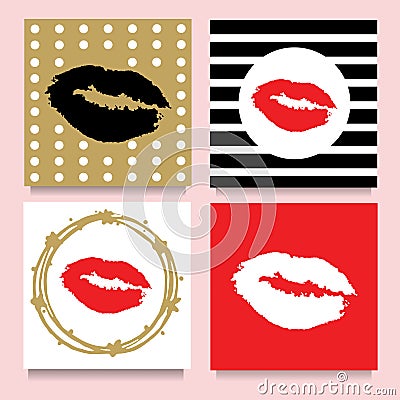 Vector set of cards with lipstic kisses in frames, stripes, dots. Red, Golden,Black, White. Vector Illustration