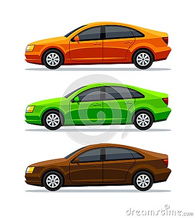 Vector set of cars Isolated on white background. Side view. Sedan. The green electric car, orange and brown auto, and Vector Illustration