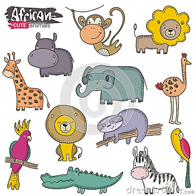 Vector set of cartoon African animals. Colorful jungle collection Vector Illustration
