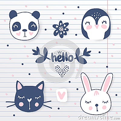 Vector set with cartoon animals - cute panda, bunny, penguin, cat. Vector Illustration