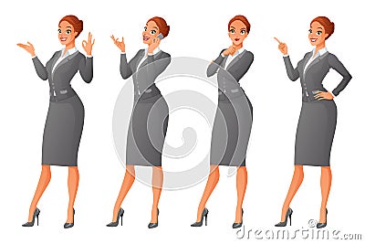 Vector set of cartoon business formal dressed woman in different poses on white background: showing ok sign gesture, talk Vector Illustration