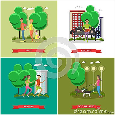 Vector set of cartoon character posters. People in park design elements and icons in flat style. Vector Illustration