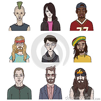 Vector Set of Cartoon Characters. Different Subculture Portraits Vector Illustration