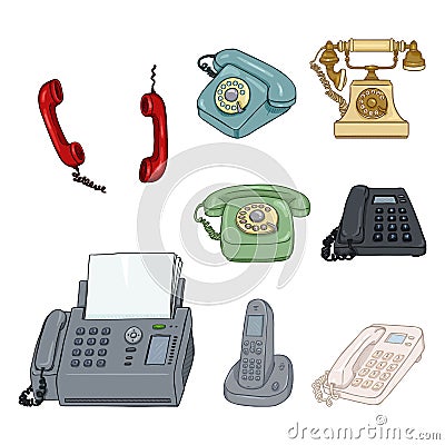 Vector Set of Cartoon Color Telephones and Handsets. Collection of Phones Vector Illustration