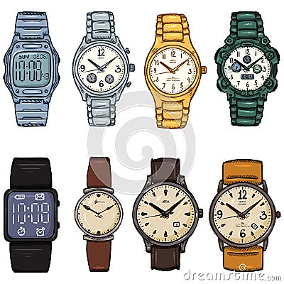 Vector Set of Cartoon Color Wrist Watches Vector Illustration