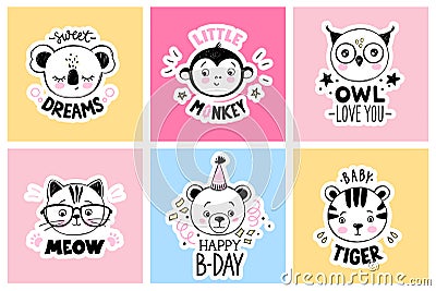 Vector set with cartoon doodle animals - sleeping koala, cute owl, cat with glasses, little monkey, baby tiger, teddy Vector Illustration