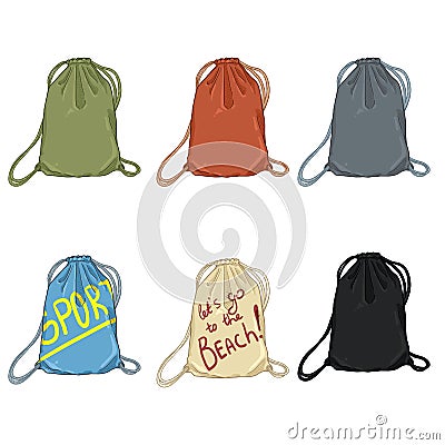 Vector Set of Cartoon Drawstring Bags Vector Illustration