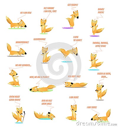 Big vector set of cartoon funny foxes isolated on white background. Vector Illustration