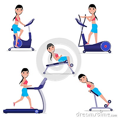 Vector set cartoon girl doing sports on simulator Vector Illustration