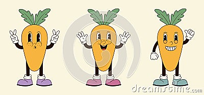 Vector set of cartoon groovy carrot character in trendy 70s style. Funky retro vegetable. Vector illustration Vector Illustration