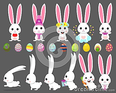 Vector set cartoon illustration of cute rabbit and bunny with carrot, bow, easter egg, heart, chicken, Vector Illustration