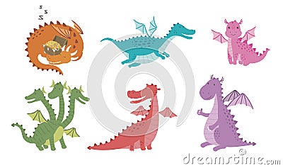 Vector set cartoon images of funny dragons of different colors and forms in different poses on a white background. Vector Illustration