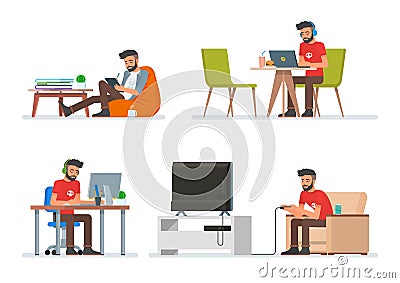 Vector set of cartoon people characters in flat style design. Hipster man playing video games, reading electronic book Vector Illustration